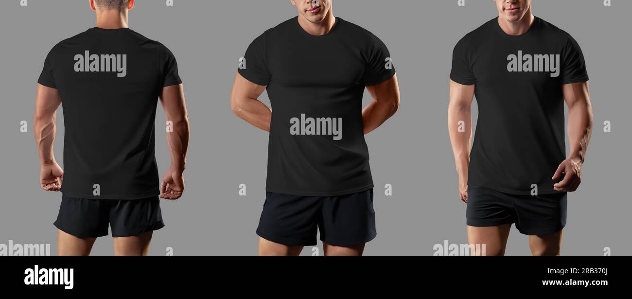 Modèle de t-shirt de sport noir sur un athlète, vêtements sur un gars musclé, devant, dos, pour le design. Ensemble de chemises, photographie de produits pour le commerce. Faux Banque D'Images