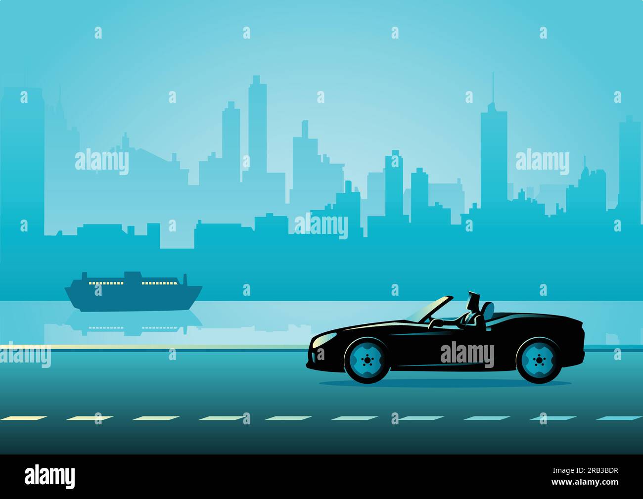 Illustration d'affaires d'un homme d'affaires réussi conduisant une voiture de luxe convertible sur le quai de la ville Illustration de Vecteur