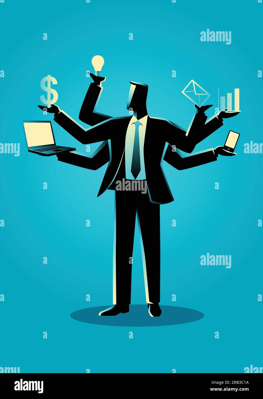 Illustration de concept d'affaires de l'homme d'affaires avec six mains, concept pour le multitâche Illustration de Vecteur Illustration de concept d'affaires de l'homme d'affaires avec six mains, concept pour le multitâche Illustration de Vecteur