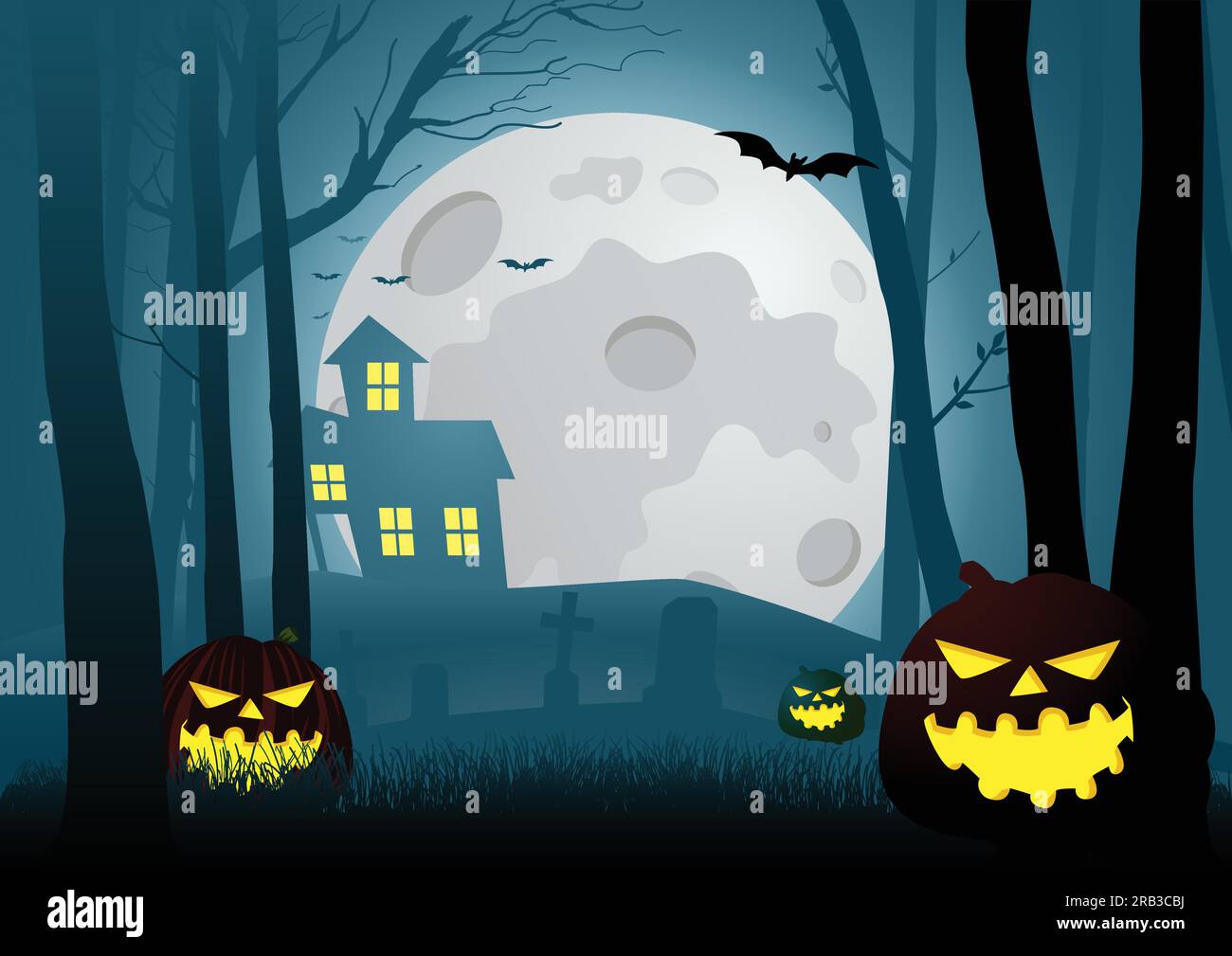 Silhouette d'illustration d'une maison dans les bois sombres effrayants avec Halloween citrouilles décoration, pour le thème d'Halloween ou de fond Illustration de Vecteur