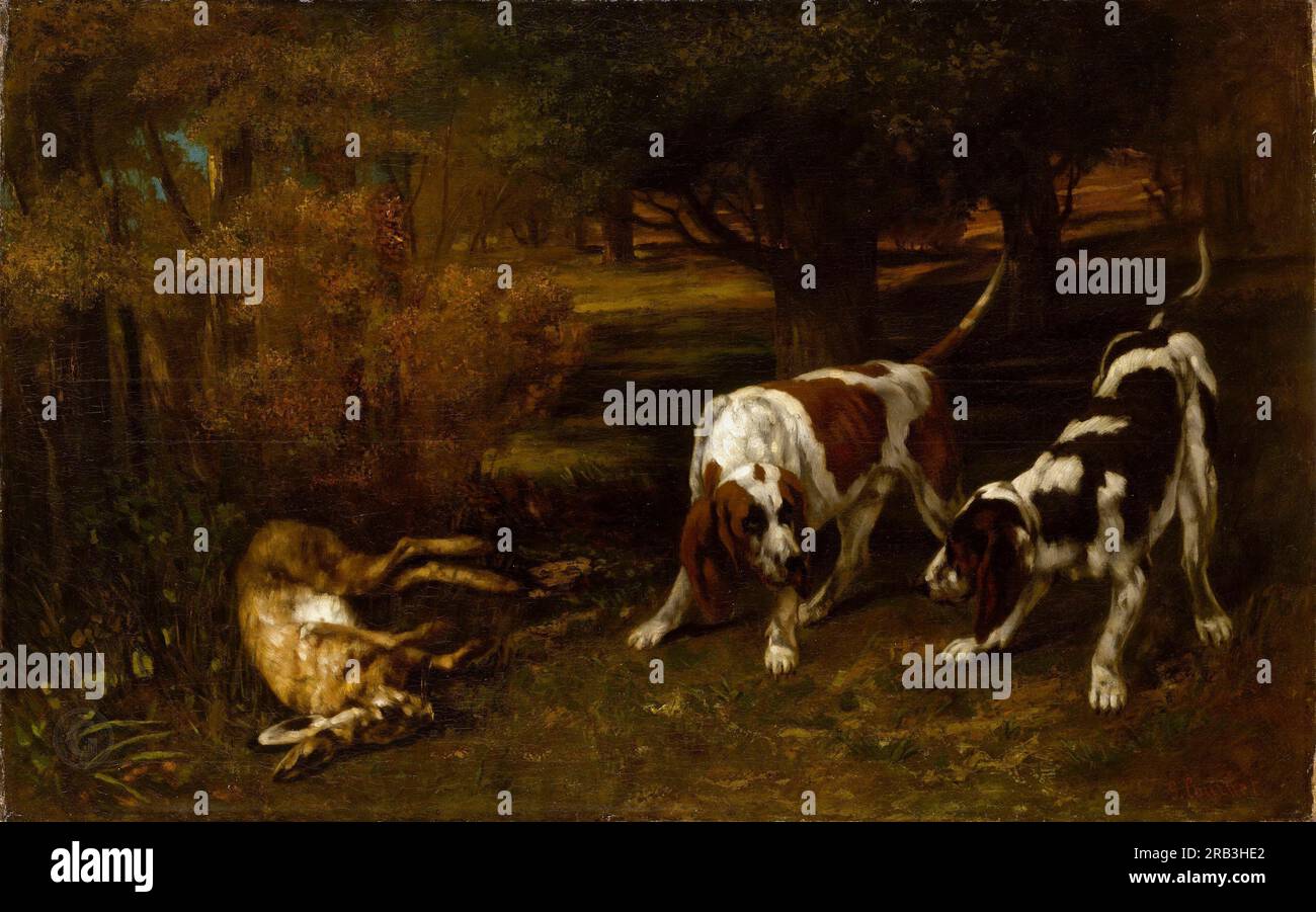 Gustave Courbet - chiens de chasse avec lièvre mort Gustave Courbet : Français, Ornans 1819–1877 la Tour-de-Peilz 1857 ; huile sur toile Banque D'Images