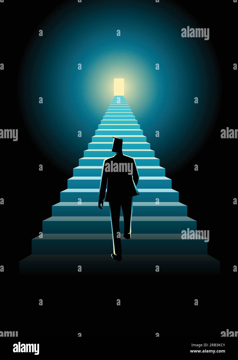 Illustration d'un concept d'affaires d'un homme marchant sur un escalier menant à une porte lumineuse Illustration de Vecteur Illustration d'un concept d'affaires d'un homme marchant sur un escalier menant à une porte lumineuse Illustration de Vecteur