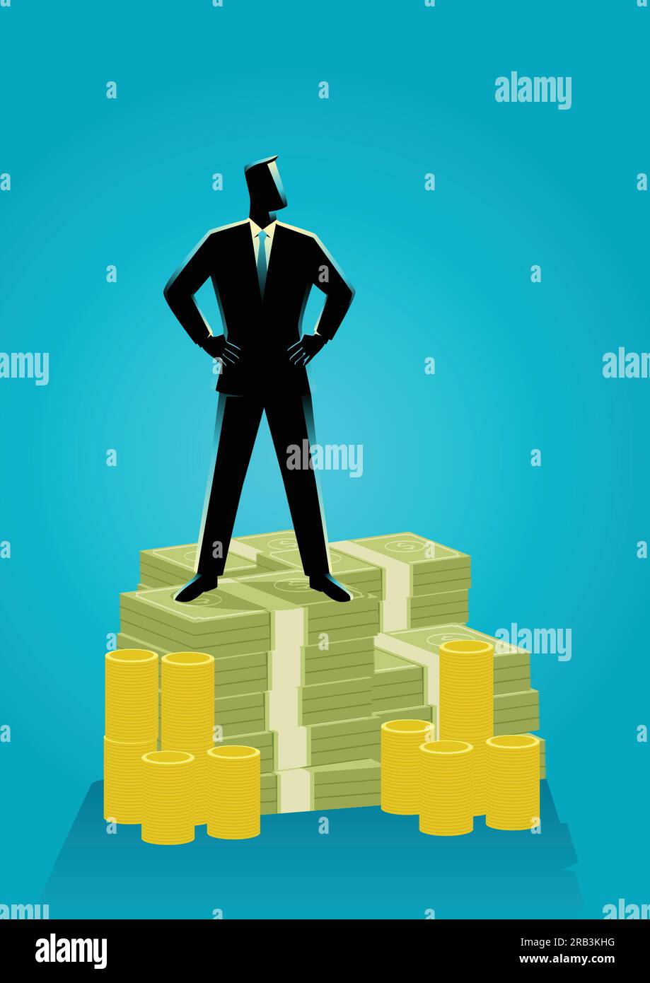 Illustration du concept d'affaires d'un homme d'affaires debout avec les deux mains autour de la taille sur le tas d'argent Illustration de Vecteur Illustration du concept d'affaires d'un homme d'affaires debout avec les deux mains autour de la taille sur le tas d'argent Illustration de Vecteur