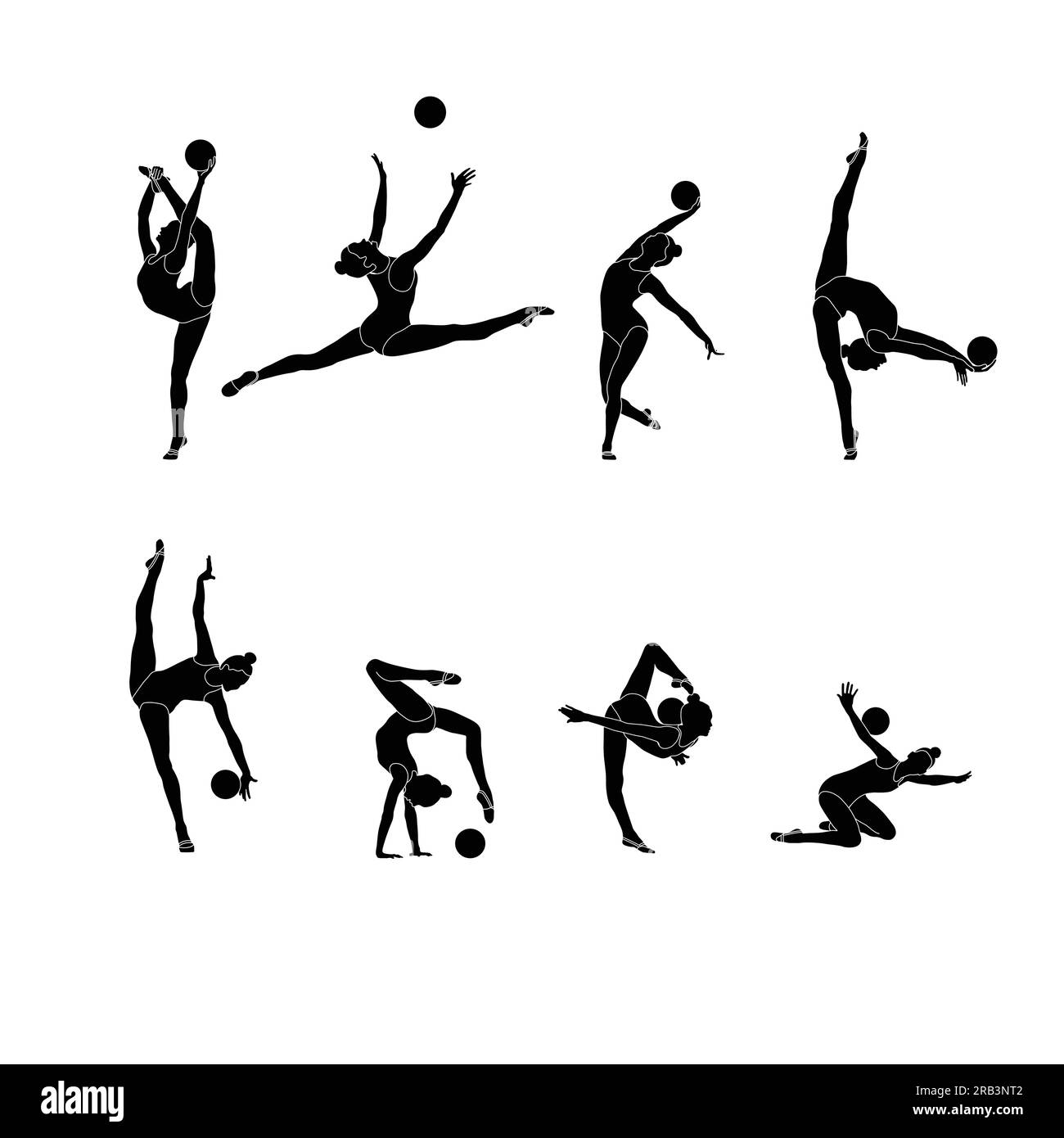 Ball Rhythmic Gymnastics Set Flat Sihouette vecteur. Gymnastique rythmique athlètes féminines icônes noires sur fond blanc. Illustration de Vecteur