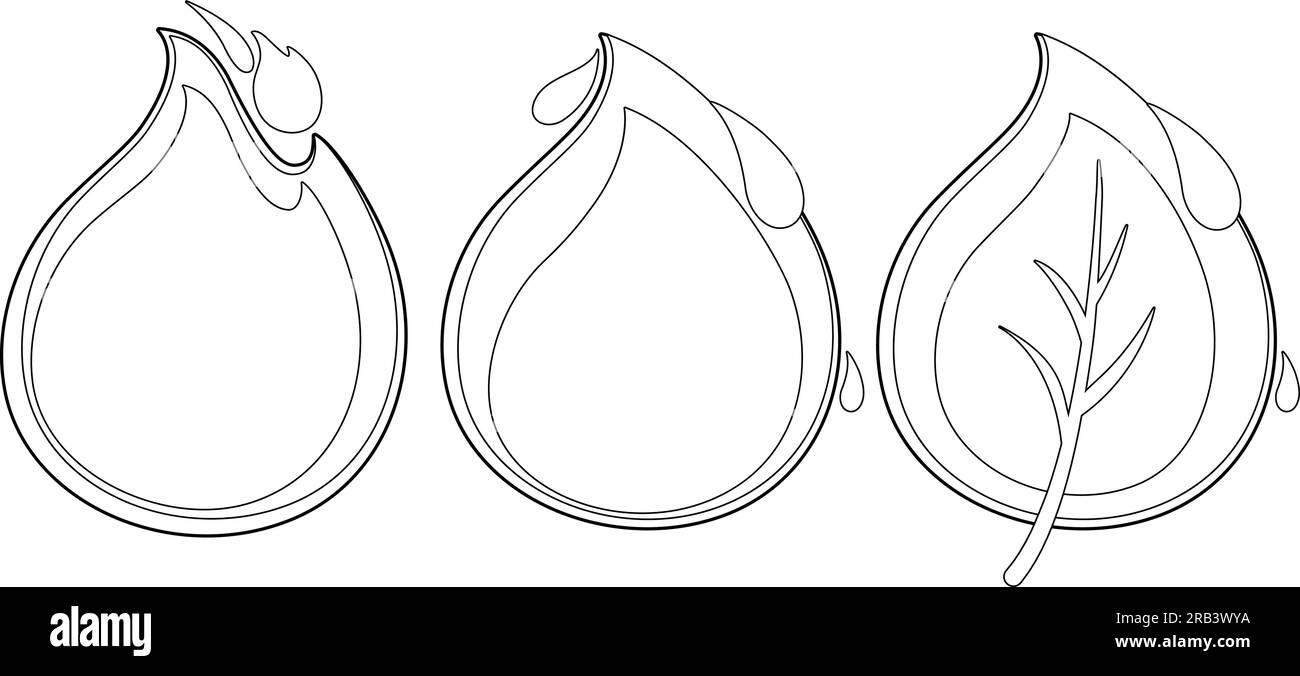 Icônes feu, goutte d'eau et feuille. Page de coloriage en noir et blanc