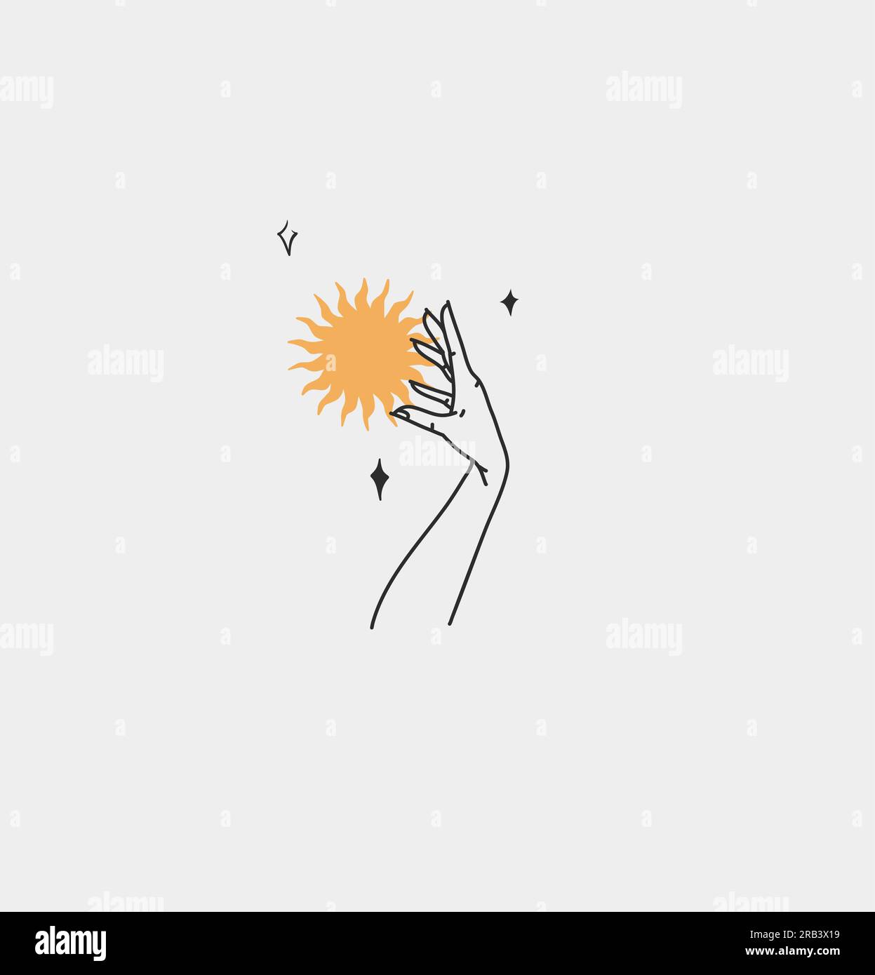 Dessin à la main vecteur résumé contour, graphique, art de ligne magie main humaine avec lune et étoiles logo dans le style minimaliste moderne.Lune et étoiles signe contour Illustration de Vecteur