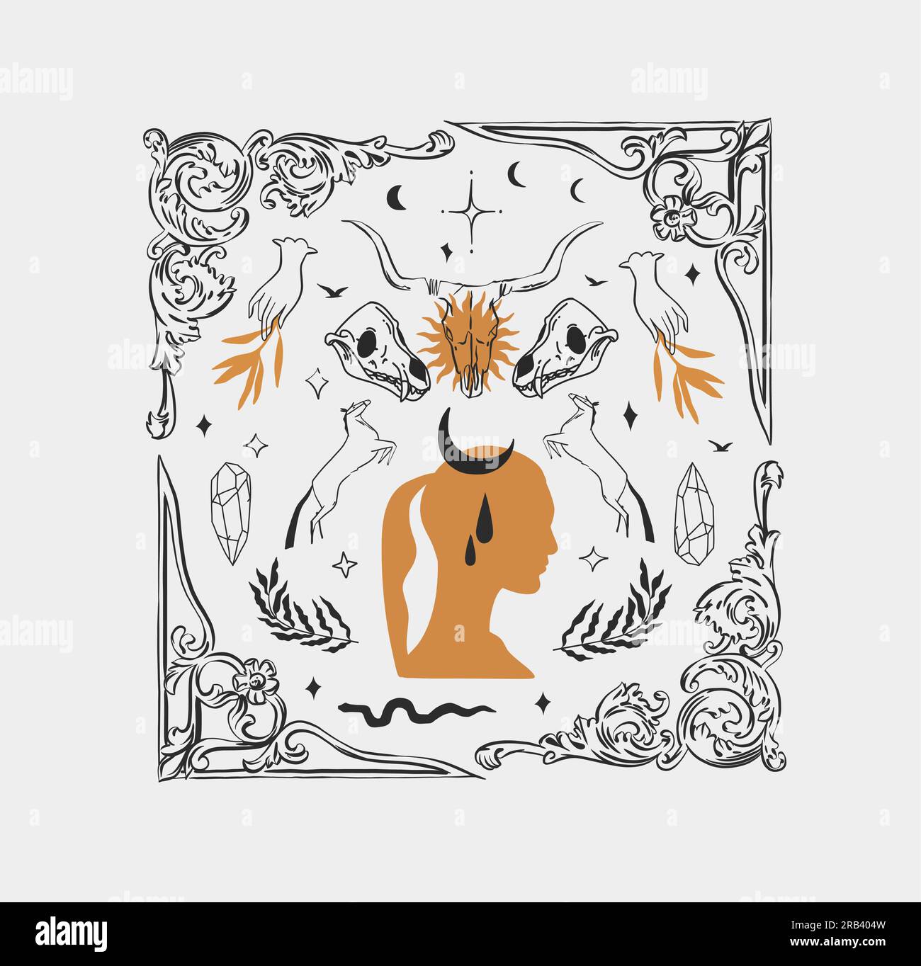 Abstrait vectoriel dessiné à la main, femme de sorcière magique graphique, lune, fleurs et étoiles dans le style d'art de ligne moderne minimaliste illustration.Moon et contour d'étoile Illustration de Vecteur