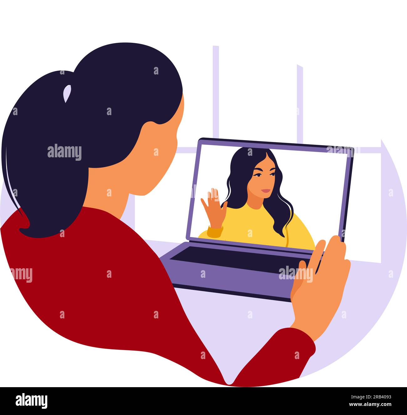 Femme utilisant un ordinateur pour une réunion virtuelle collective et une vidéoconférence de groupe. Homme sur le bureau discutant avec des amis en ligne. Vidéoconférence, à distance Illustration de Vecteur