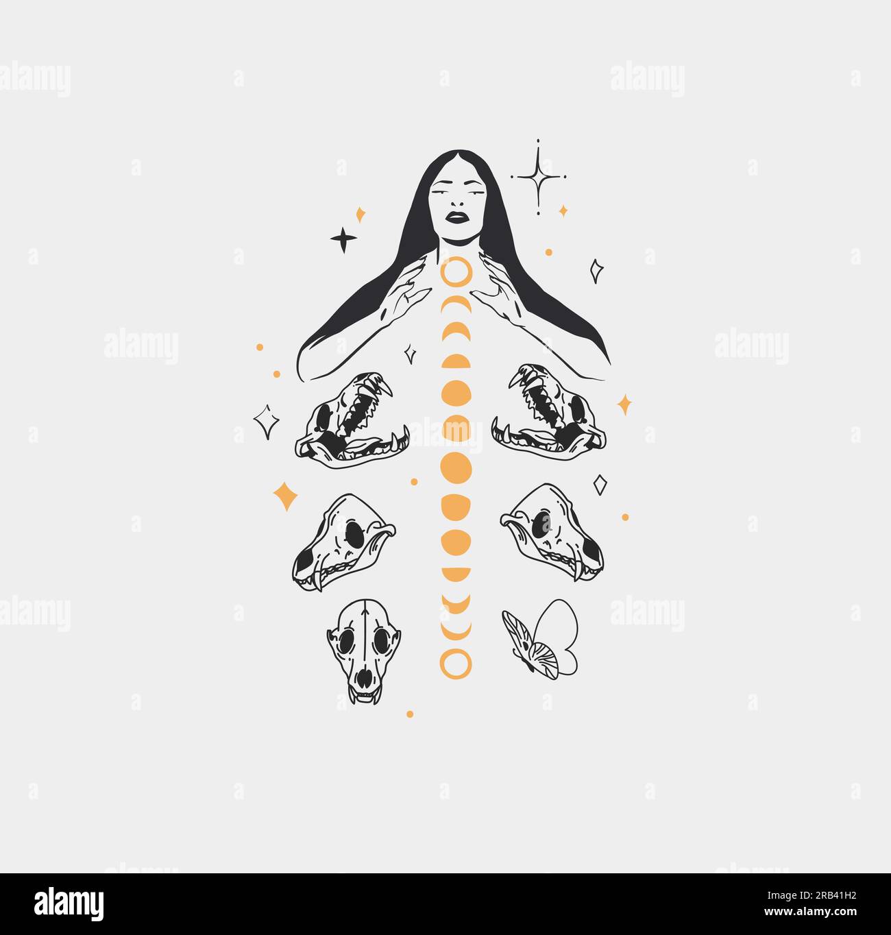 Abstrait vectoriel dessiné à la main, femme sorcière magique graphique, phases de lune et étoiles dans le style d'art de ligne moderne minimaliste illustration.Moon et contour d'étoile Illustration de Vecteur