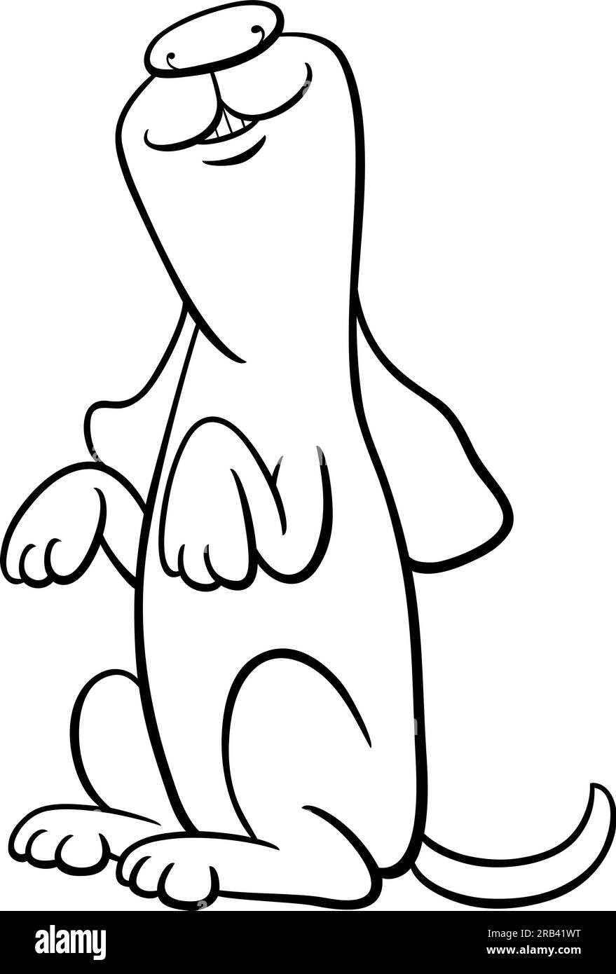 Illustration de dessin animé noir et blanc de personnage animal comique de chien heureux faisant debout ou mendiant page de coloriage de tour Illustration de Vecteur