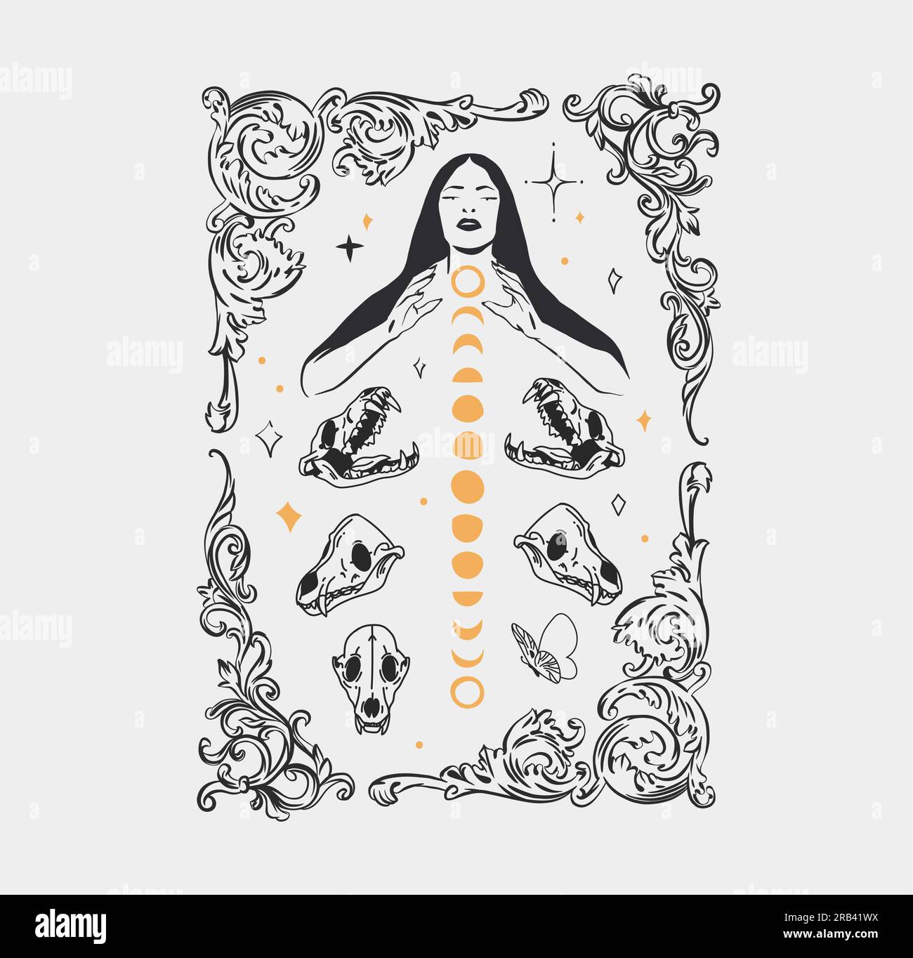 Abstrait vectoriel dessiné à la main, femme sorcière magique graphique, phases de lune et étoiles dans le style d'art de ligne moderne minimaliste illustration.Moon et contour d'étoile Illustration de Vecteur