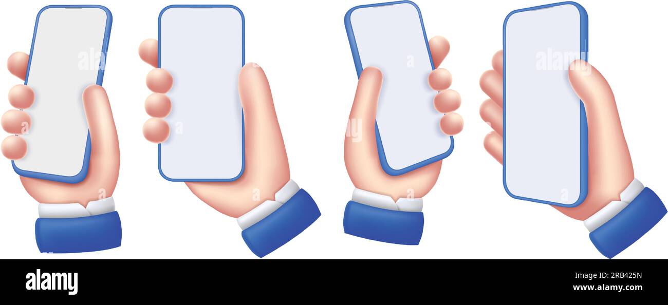 Maquette de téléphone portable dans la main. Main de dessin animé tenant smartphone avec écran vide et cadre bleu autour de l'affichage, ensemble de modèles vectoriels de vitrine d'application Illustration de Vecteur