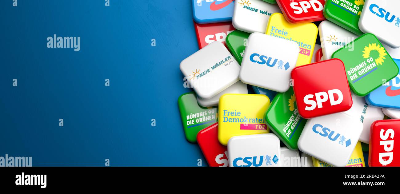 Logos des principaux partis politiques (CSU, Freie Wähler, Die Grünen, SPD, FDP, AFD) candidat aux élections de l'État bavarois (Landtagswahl Bayern) sur un Banque D'Images