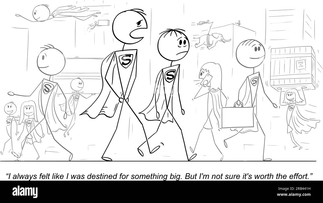 Il est difficile d'être super-héros dans le monde plein de super-héros , Vector gag Cartoon Stick Illustration Figure Illustration de Vecteur