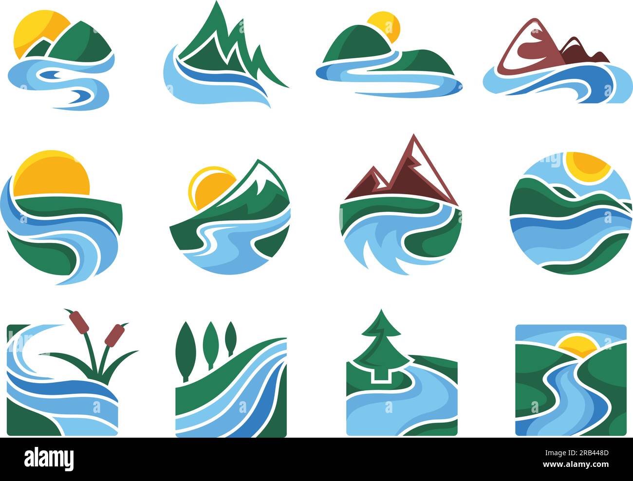 Emblème des rivières. Ruisseaux d'eau qui coulent, icônes de paysage de la nature et ensemble d'illustrations vectorielles de rivière de montagne Illustration de Vecteur