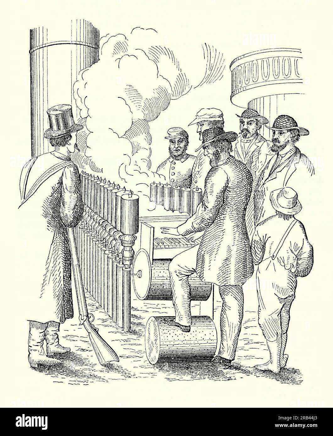 Gravure ancienne d'une calliope victorienne ou d'un orgue à vapeur. Il est tiré d'un livre de génie mécanique des années 1880 Un calliope est un instrument de musique nord-américain et canadien qui produit du son en envoyant de la vapeur, du gaz ou de l'air comprimé à travers de grands sifflets (à l'origine sifflets de locomotive). La calliope à vapeur est également connue sous le nom d'orgue à vapeur ou de piano à vapeur. Le calliope pneumatique est parfois appelé calliaphone. À l'ère de la vapeur, la calliope à vapeur était particulièrement utilisée sur les bateaux fluviaux et dans les cirques. Les calliopes peuvent être jouées par un joueur au clavier ou mécaniquement. Banque D'Images