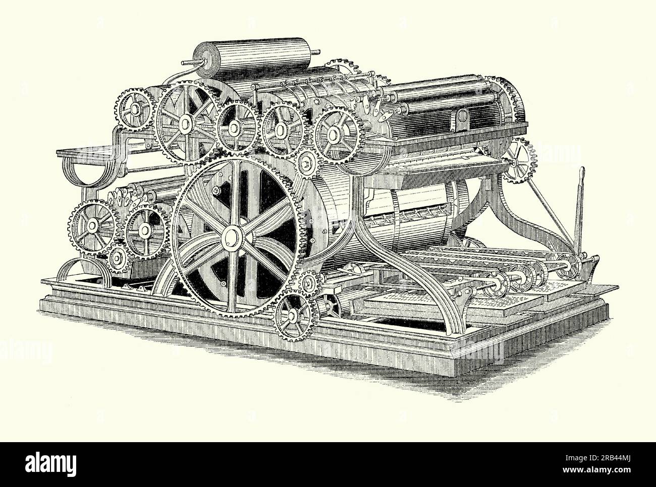 Une ancienne gravure d’une rotative à bobines « parfaite » de Bullock des années 1860 Il est tiré d'un livre de génie mécanique victorien des années 1880 William Bullock (1813-1867) est un inventeur américain dont les améliorations apportées en 1863 à la presse rotative de Richard March Hoe ont contribué à révolutionner l'industrie de l'impression en raison de sa grande vitesse et efficacité. Richard March Hoe avait inventé la presse rotative en 1843, mais la presse de Bullock était une amélioration par rapport à la conception de Hoe. La presse de Bullock permettait d'alimenter automatiquement de grands rouleaux de papier en continu dans les rouleaux, éliminant ainsi l'alimentation manuelle. Banque D'Images