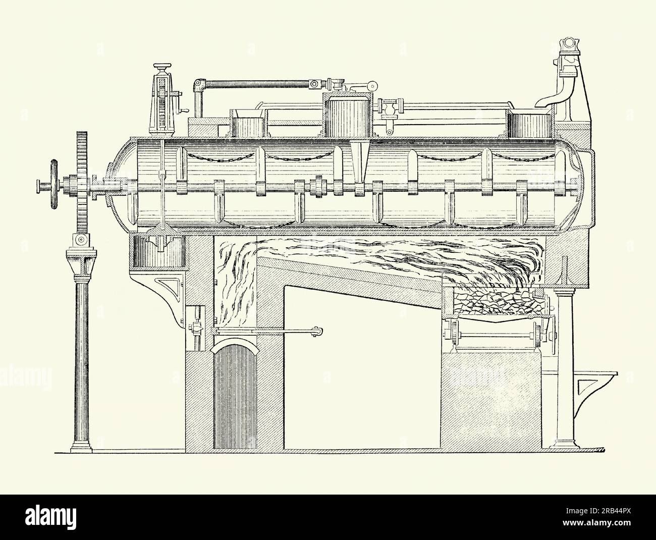 Une gravure ancienne montrant une chaudière en paille victorienne. Il est tiré d'un livre de génie mécanique des années 1880 Dans les années 1870, les fabricants californiens ont commencé à expérimenter la paille comme source de carburant pour les moteurs à vapeur. Les machines à vapeur alimentées au charbon ou au bois pouvaient être coûteuses et encombrantes, en particulier dans les zones rurales. En utilisant des déchets de paille bon marché, le sous-produit du battage, les coûts pourraient être réduits. Certaines chaudières à paille plus petites étaient sur roues et donc portables. La vapeur pouvait être produite assez facilement dans les moteurs à paille, mais le niveau/la puissance de vapeur n'était généralement pas aussi élevé. Banque D'Images