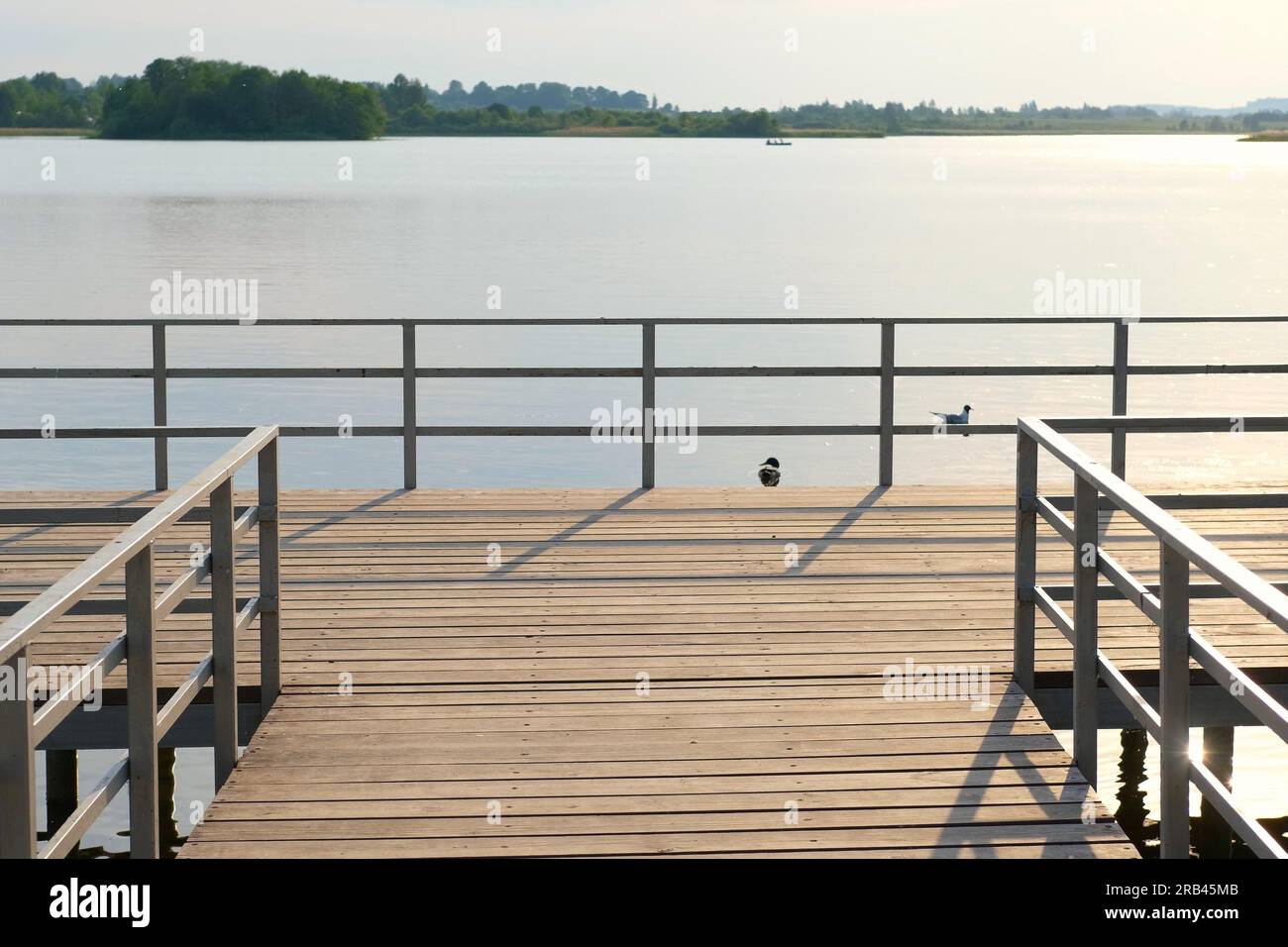 Jetée symétrique en bois moderne. Personne. Beau quai vide avec garde-corps en métal. Lac calme. Solitude, solitude. Réflexion forestière estivale. Golde Banque D'Images