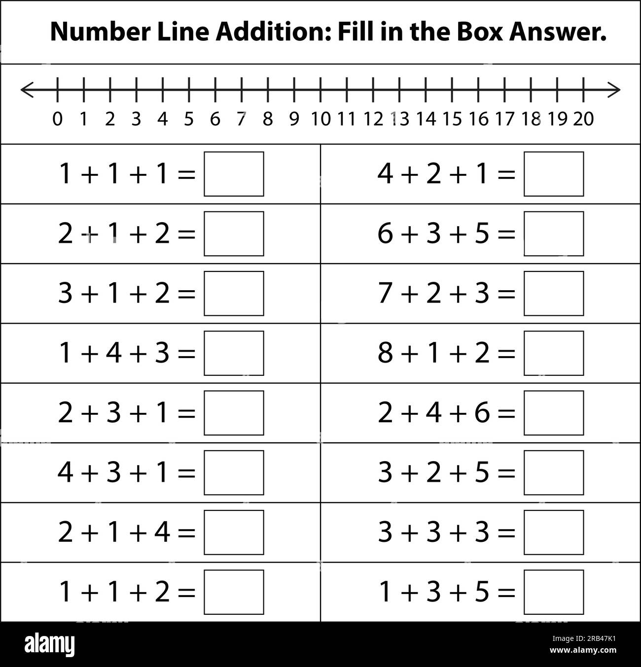 Feuille de calcul mathématique pour les enfants. Ajout. Page d'activité mathématique avec. Calculez et écrivez le modèle de résultat. Illustration vectorielle Illustration de Vecteur