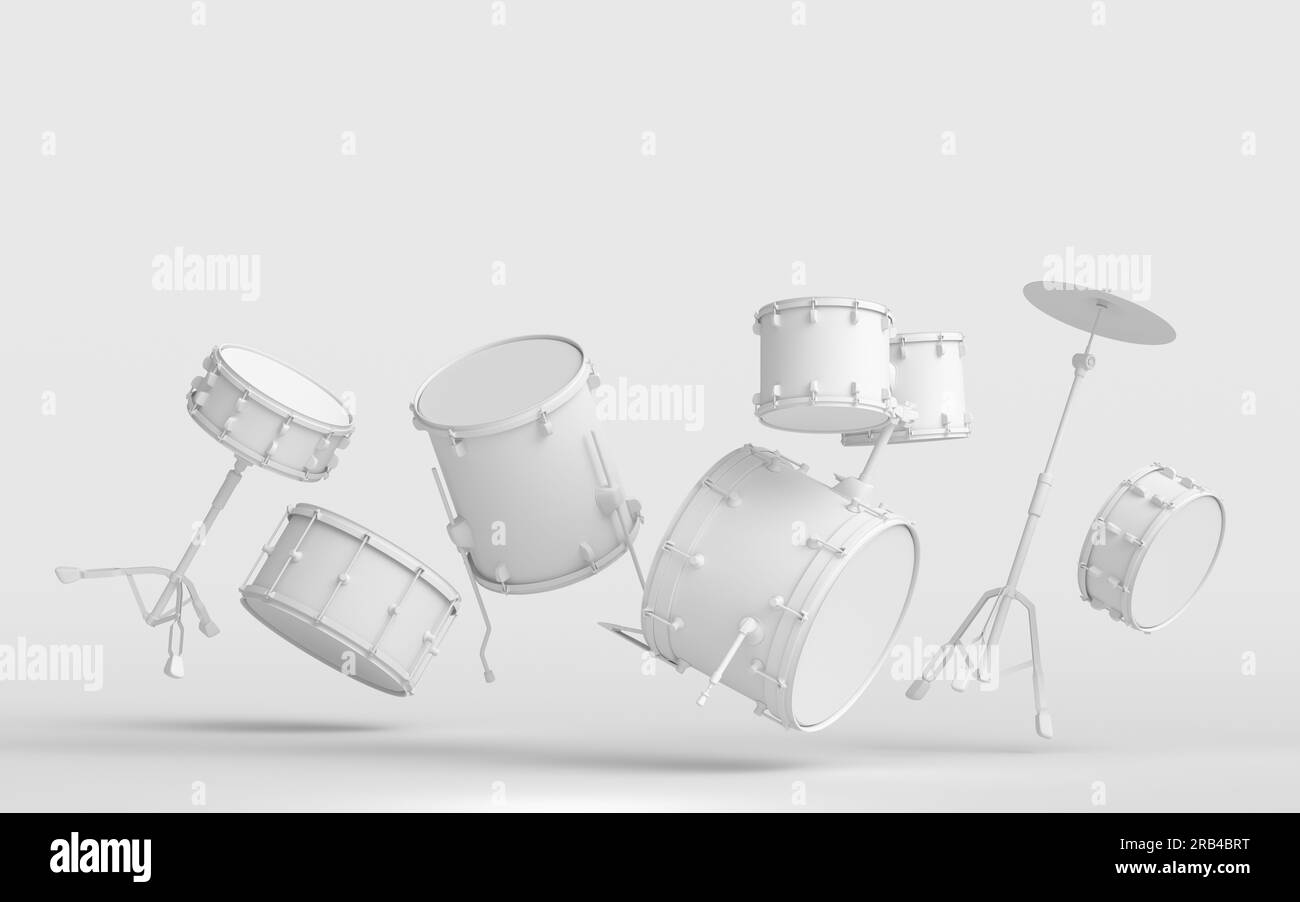 Ensemble de tambours avec cymbales en métal sur fond monochrome. rendu 3d de l'instrument de percussion musicale, de la machine à tambour et de la batterie avec guitare heavy metal Banque D'Images