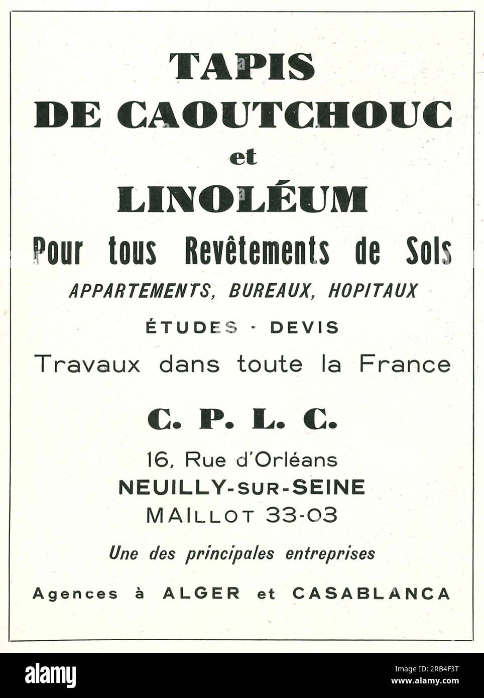 Tapis en caoutchouc et linoléum annonce dans un magazine français 1950 Banque D'Images