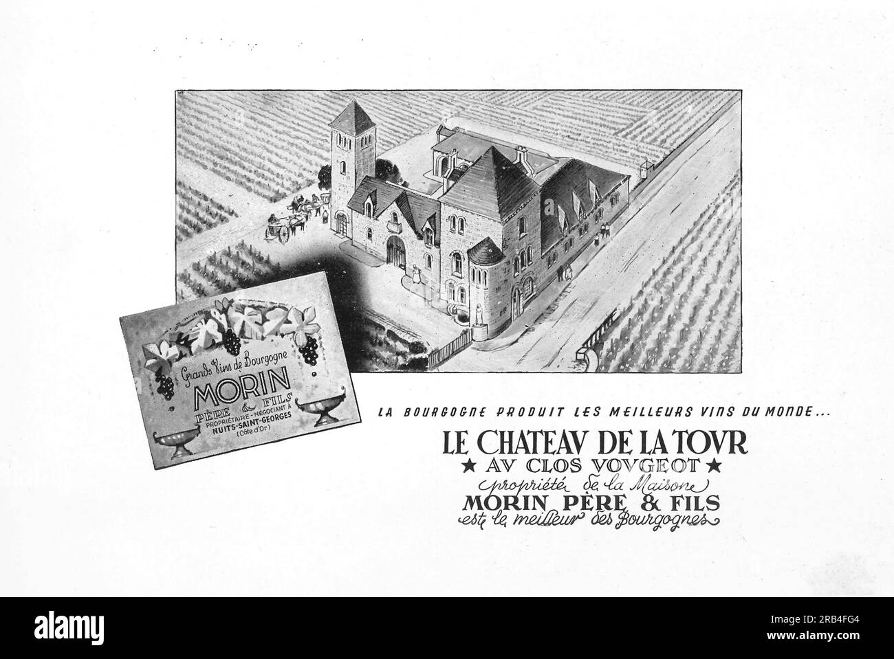 Château de la Tour - cave Clos de Vougeot, Morin Père et fils Bourgogne annonce vin dans un magazine français 1950 Banque D'Images