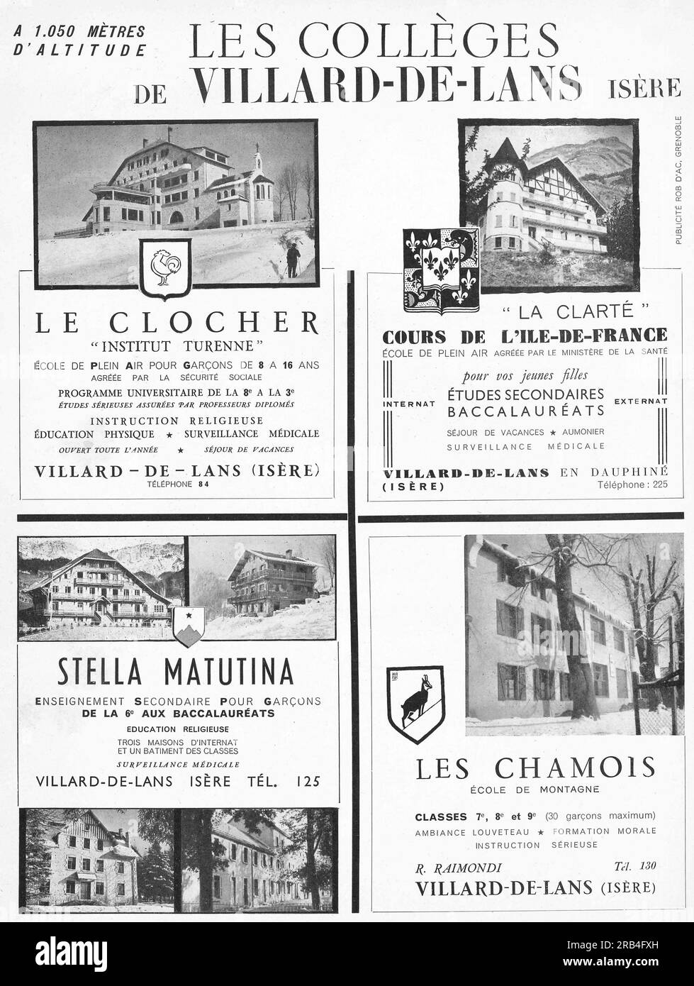 Les collèges de Villard-de-Lans Isère annonce dans un magazine français 1950. Région Auvergne-Rhône-Alpes dans le sud-est de la France Banque D'Images