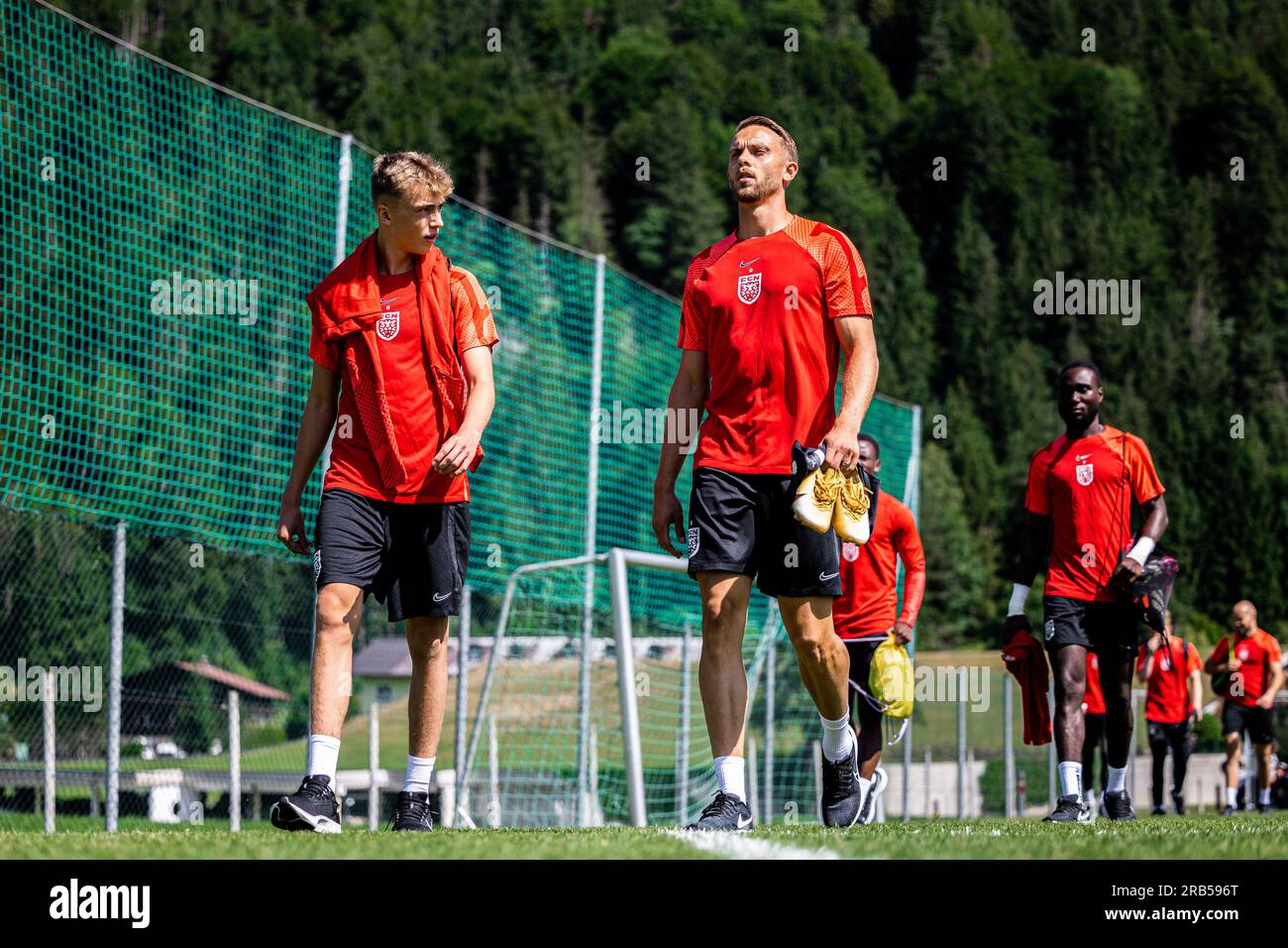 Kössen, Autriche. 07 juillet 2023. L'attaquant danois Marcus Ingvartsen revient dans le championnat danois du FC Nordsjaelland lors d'un transfert du club allemand FSV Mainz 05. Ici, Ingvartsen est vu avec ses nouveaux coéquipiers au camp d'entraînement du club à Kössen, en Autriche. (Crédit photo : Gonzales photo/Alamy Live News Banque D'Images