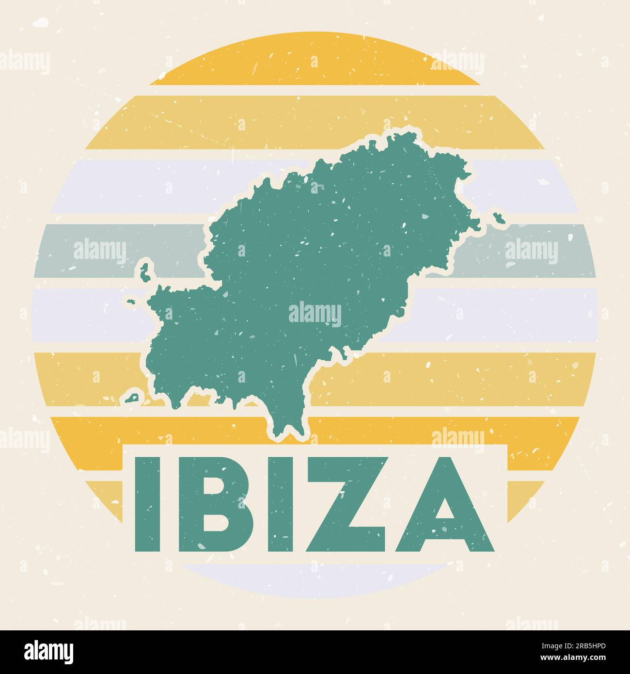 Logo Ibiza. Signe avec la carte de l'île et des rayures colorées, illustration vectorielle. Peut être utilisé comme insigne, logotype, étiquette, autocollant ou badge de l'Ib Illustration de Vecteur