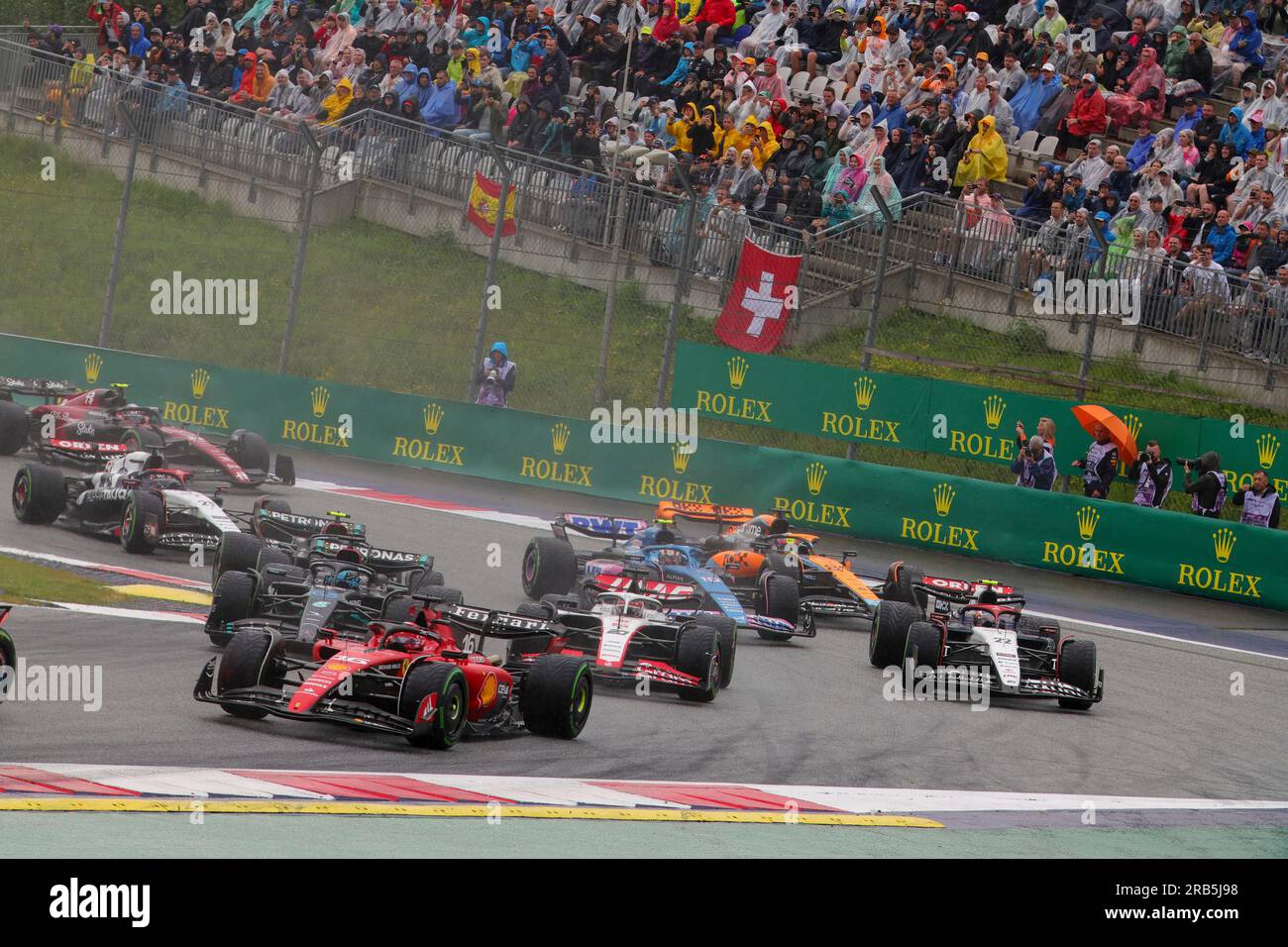 Start Sprint, #16 Charles Leclerc (MCO, Scuderia Ferrari), #63 George Russell (GBR, Mercedes-AMG Petronas F1 Team), #20 Kevin Magnussen (DNK, MoneyGram Haas F1 Team), Grand Prix de F1 d'Autriche au Red Bull Ring le 1 juillet 2023 à Spielberg, Autriche. (Photo de HIGH TWO) Banque D'Images