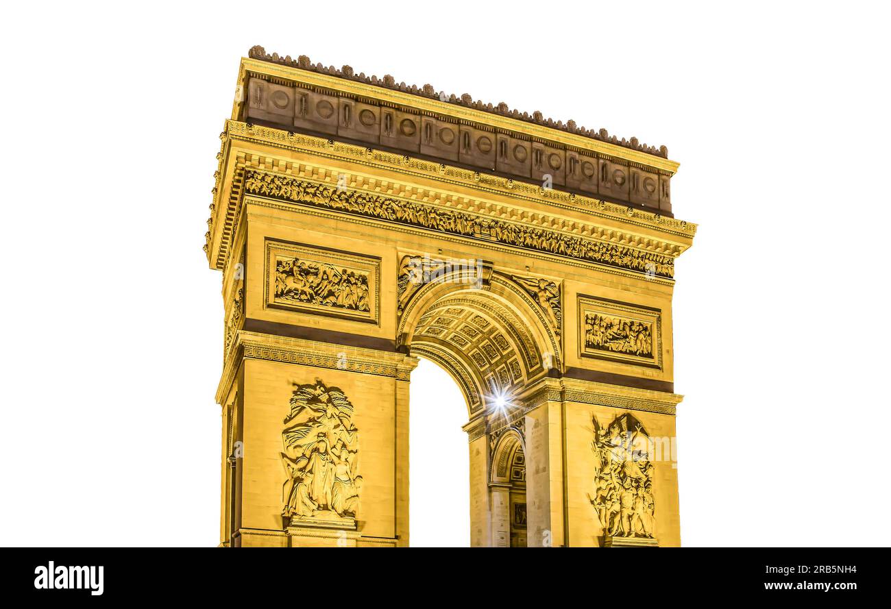 Arc de Triomphe (sculpté sur fond blanc), Paris, France. Les murs de l'arche sont gravés avec les noms de 128 batailles et les noms de 660 Français Banque D'Images Arc de Triomphe (sculpté sur fond blanc), Paris, France. Les murs de l'arche sont gravés avec les noms de 128 batailles et les noms de 660 Français Banque D'Images