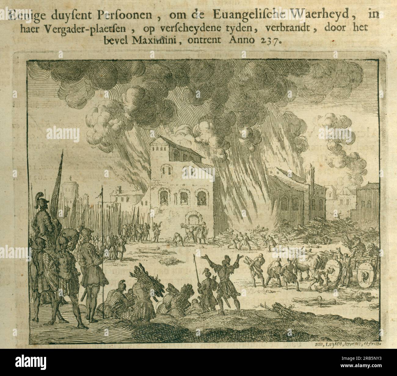 Brûlage de milliers de chrétiens par l'empereur Maximus, AD 237 1685 par Jan Luyken Banque D'Images