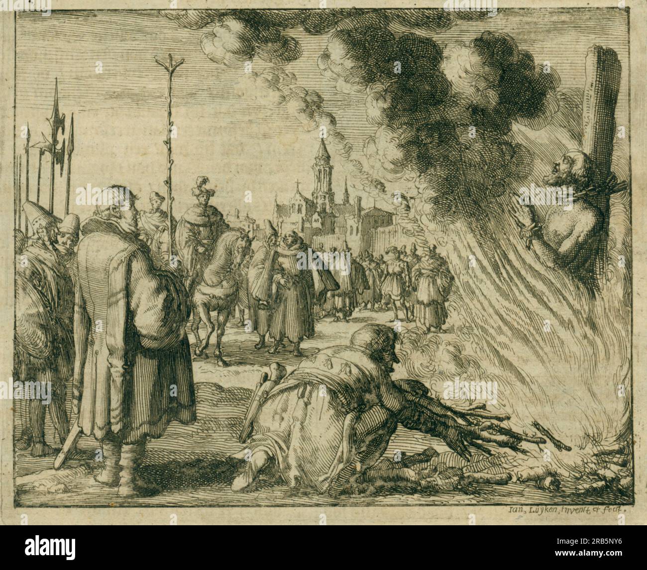 Brûlure de Clément l'Écossais, AD 756 1684 par Jan Luyken Banque D'Images