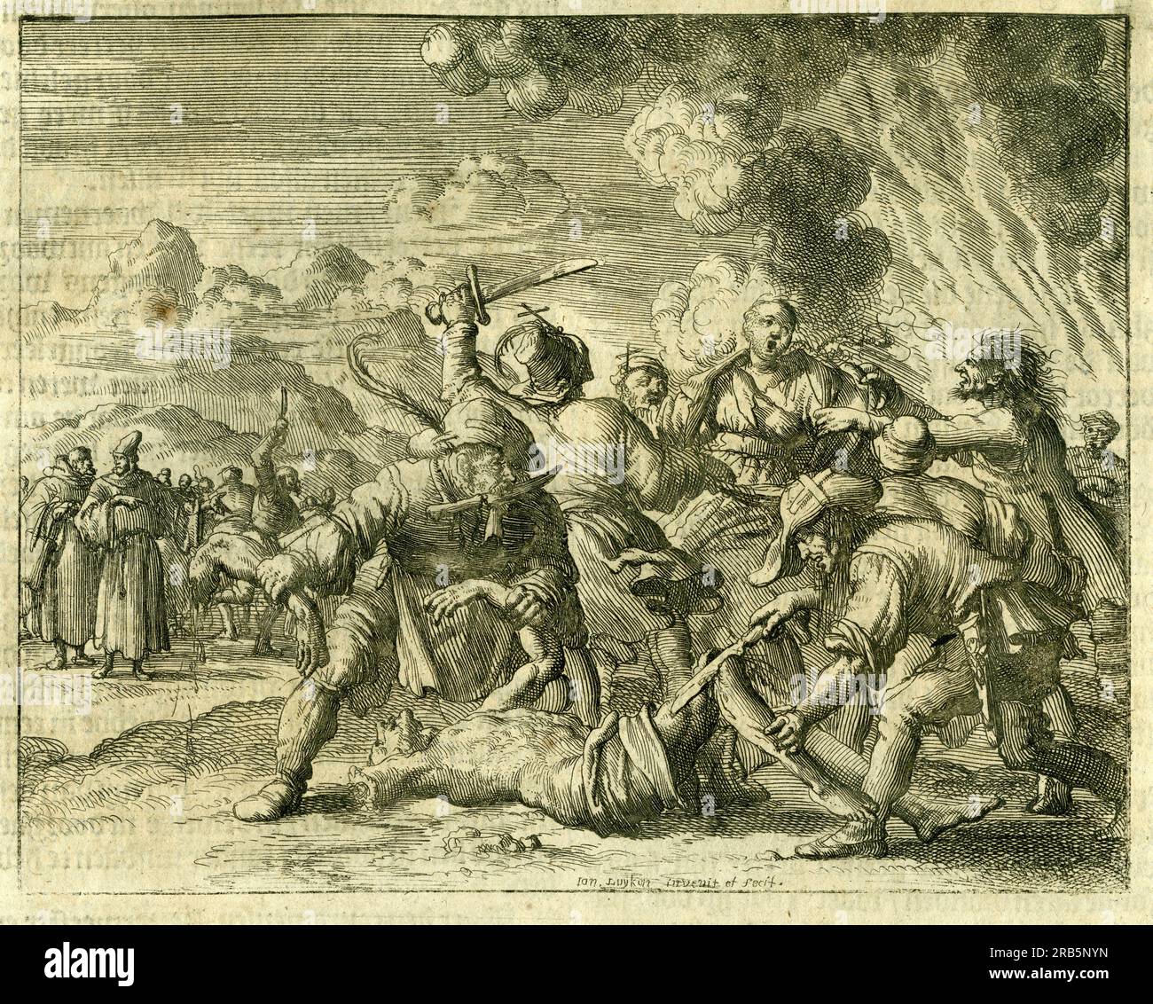 Brûlure de Dulcin et de sa femme, Novarra, AD 1308 1685 par Jan Luyken Banque D'Images
