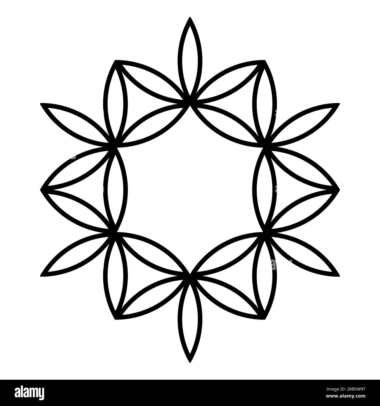 Symbole et motif, ressemblant à une fleur. Lentilles en forme de Vesica piscis, dérivées d'une fleur de vie, créant une étoile à 12 branches. Banque D'Images