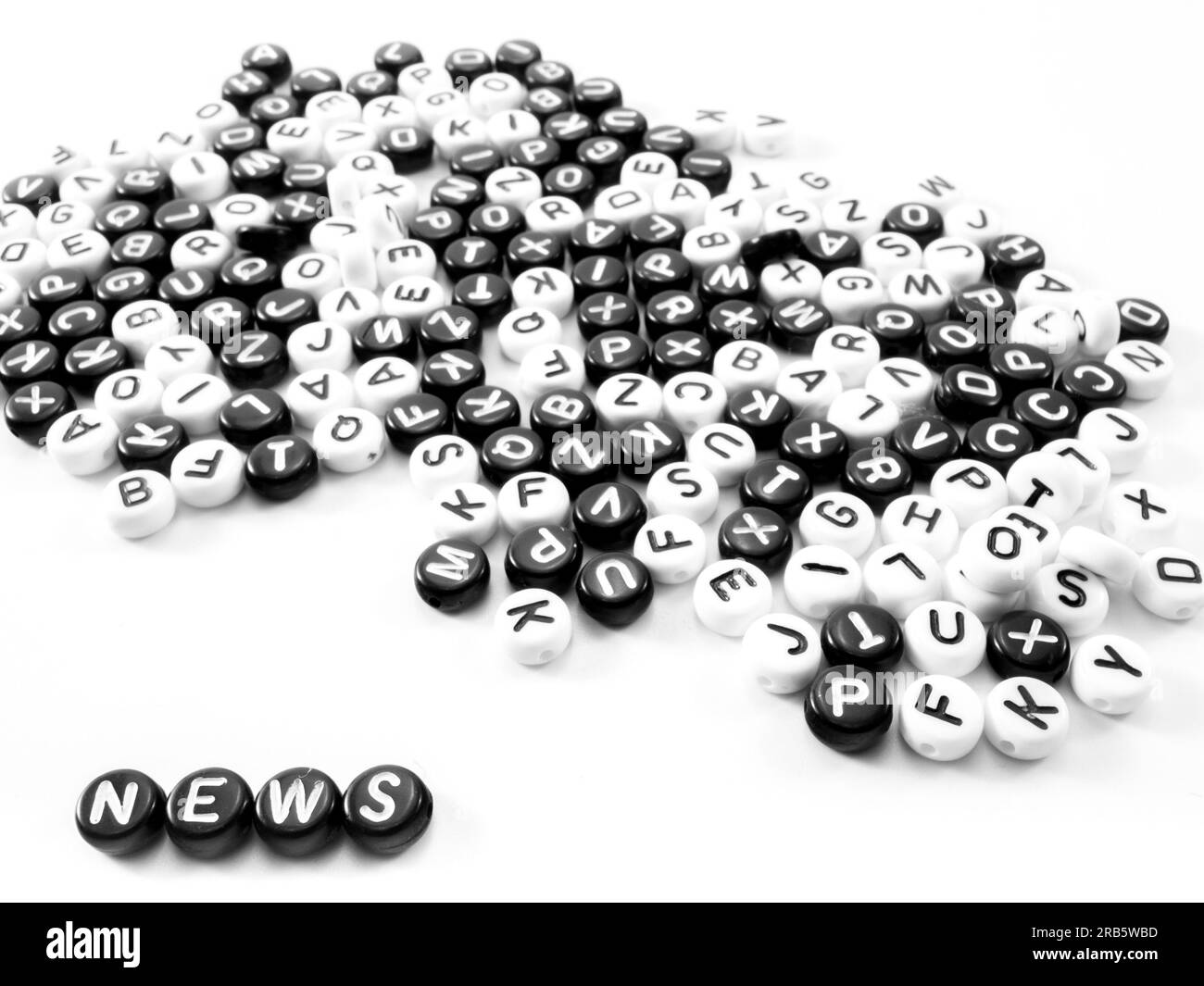Tas de lettres rondes en noir et blanc et mot de nouvelles écrit à côté Banque D'Images