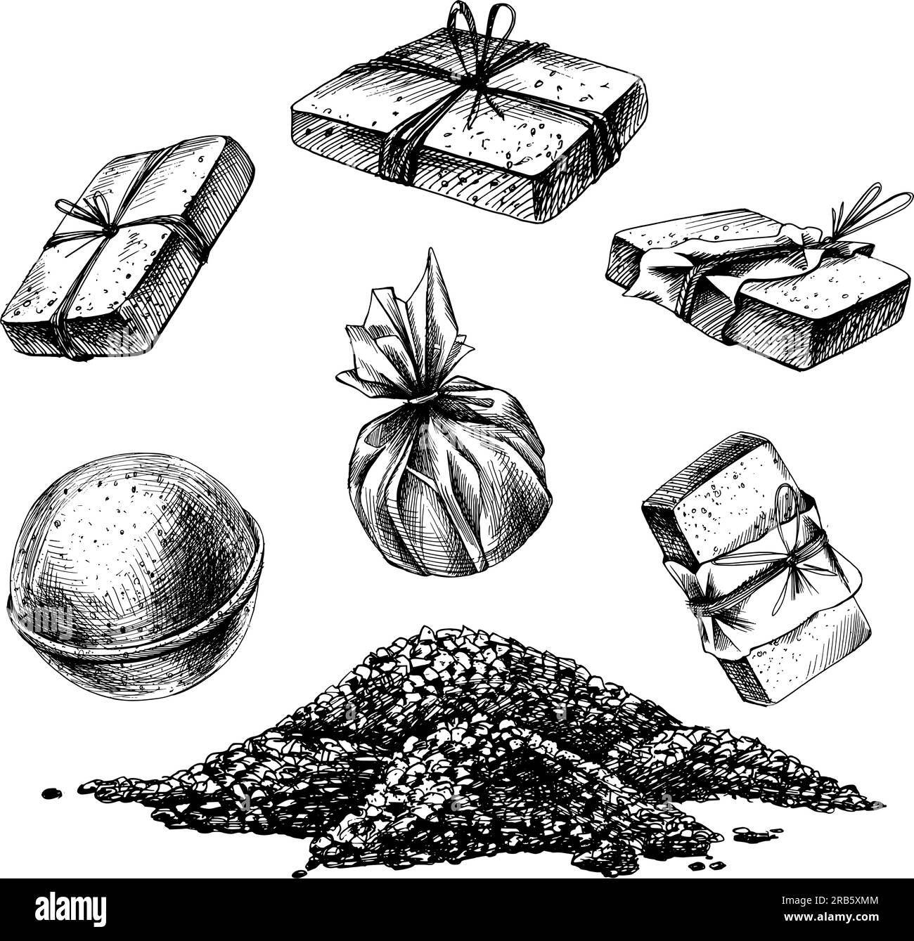 Cosmétiques pour le bain, savon artisanal de spa, bombes de bain emballées, sel de mer. Illustration linéaire graphique, dessinée à la main. Vector, EPS. Ensemble d'objets isolés Illustration de Vecteur