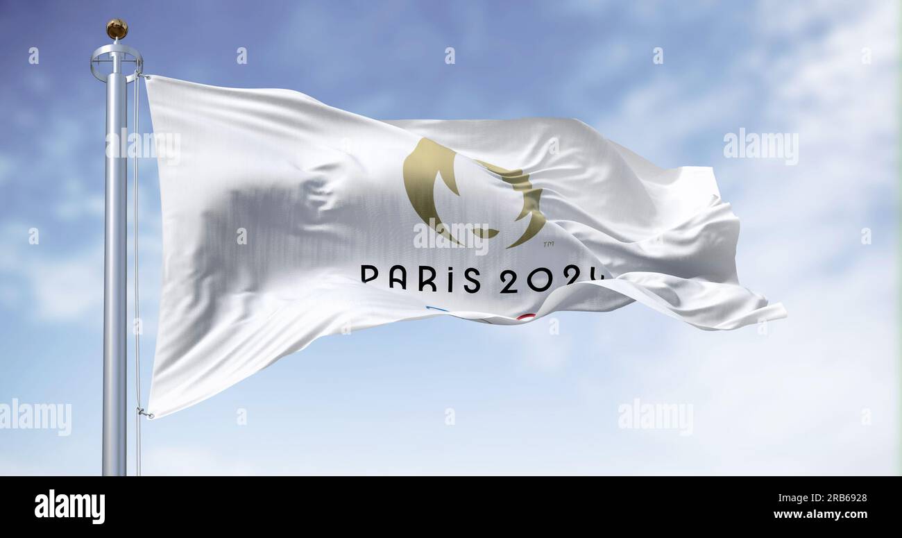 Paris, FR, 23 mai 2023 : le drapeau des Jeux Olympiques de Paris 2024 agitant dans le vent. Événement sportif international à venir. Illustration éditorial 3D Ill Banque D'Images