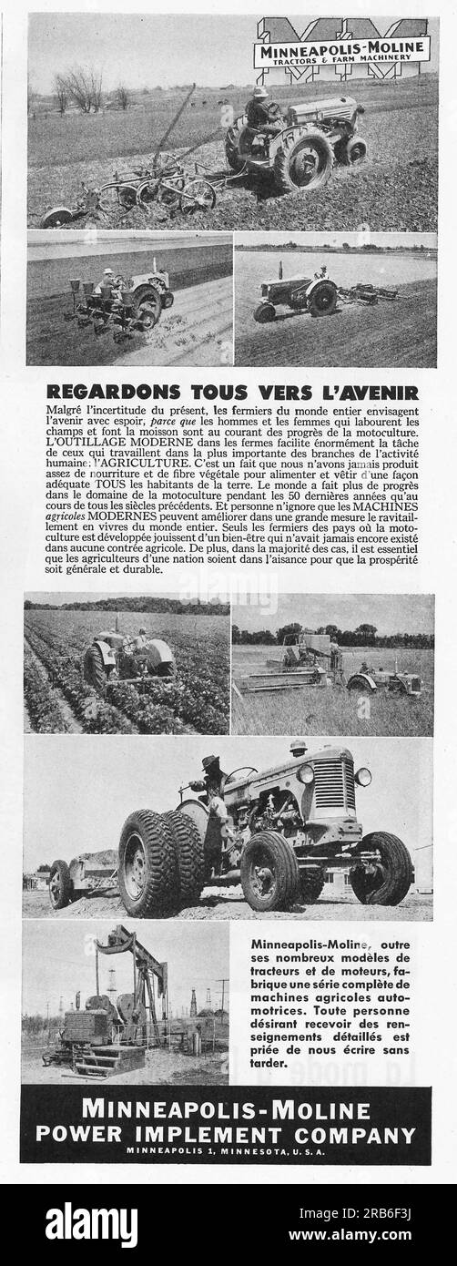 Minneapolis-Moline Power Implement Company, annonce de tracteurs et de machines agricoles et industrielles dans un magazine français 1946 Banque D'Images