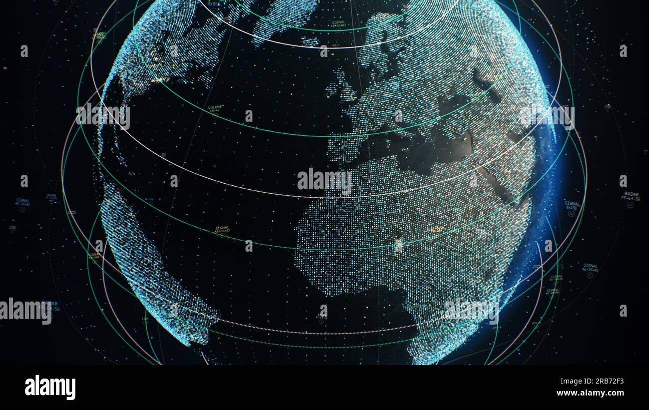 Rendu 3D des lignes de grille numérique sur le globe terrestre de données volumineuses 3D en rotation. Transfert de signal de communications 5G dans le monde entier. Connexion au réseau Internet mondial. Technologies modernes et concept de numérisation Banque D'Images