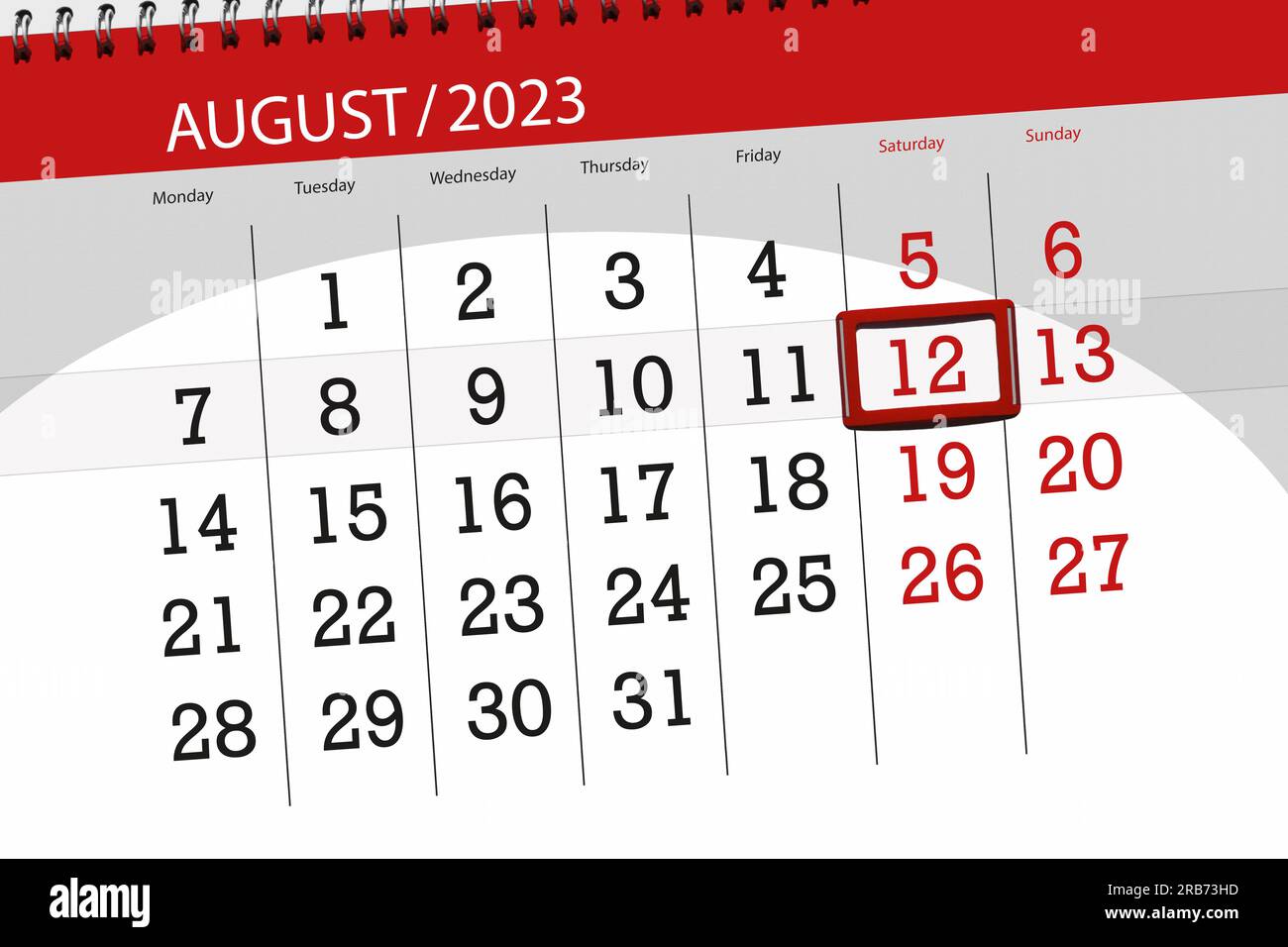 Calendrier 2023, date limite, jour, mois, page, Organisateur, date, août, samedi, numéro 12. Banque D'Images