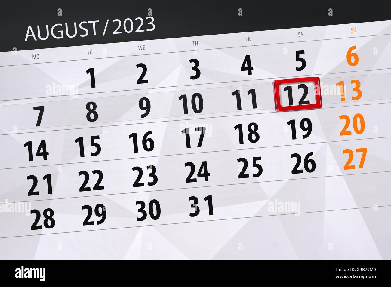 Calendrier 2023, date limite, jour, mois, page, Organisateur, date, août, samedi, numéro 12. Banque D'Images