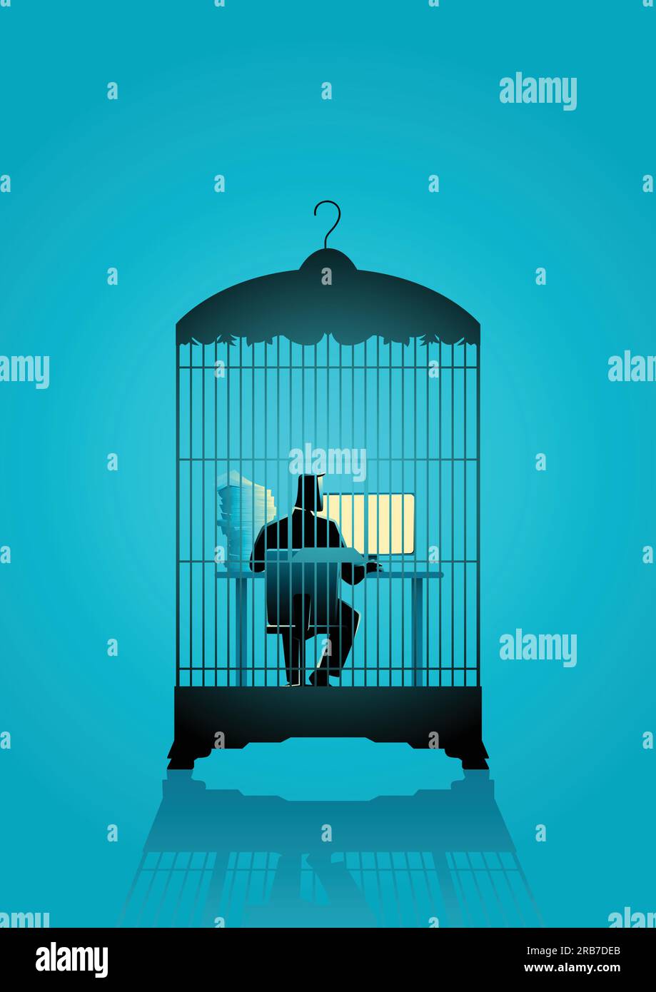 Illustration du concept d'affaires d'un homme d'affaires travaillant sur un ordinateur dans la cage d'oiseau Illustration de Vecteur