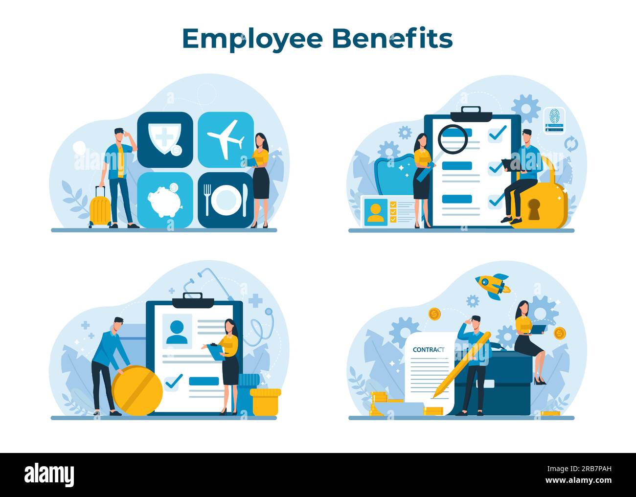 Concept d'ensemble d'avantages sociaux des employés. Avantages pour les travailleurs : heures supplémentaires, assurance médicale, vacances, congés familiaux payés et prestations de retraite, ensemble vectoriel Illustration de Vecteur