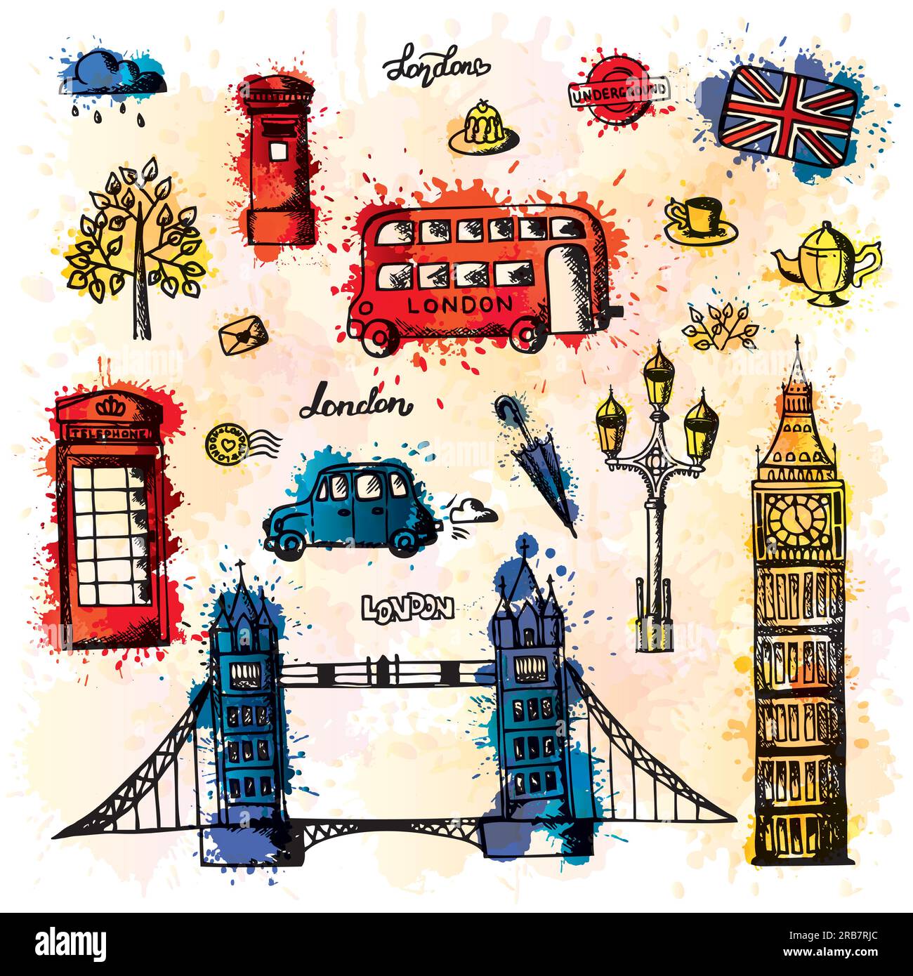 Un groupe d'objets avec des caractéristiques de Londres avec des gouttes d'aquarelle. Illustration de Vecteur