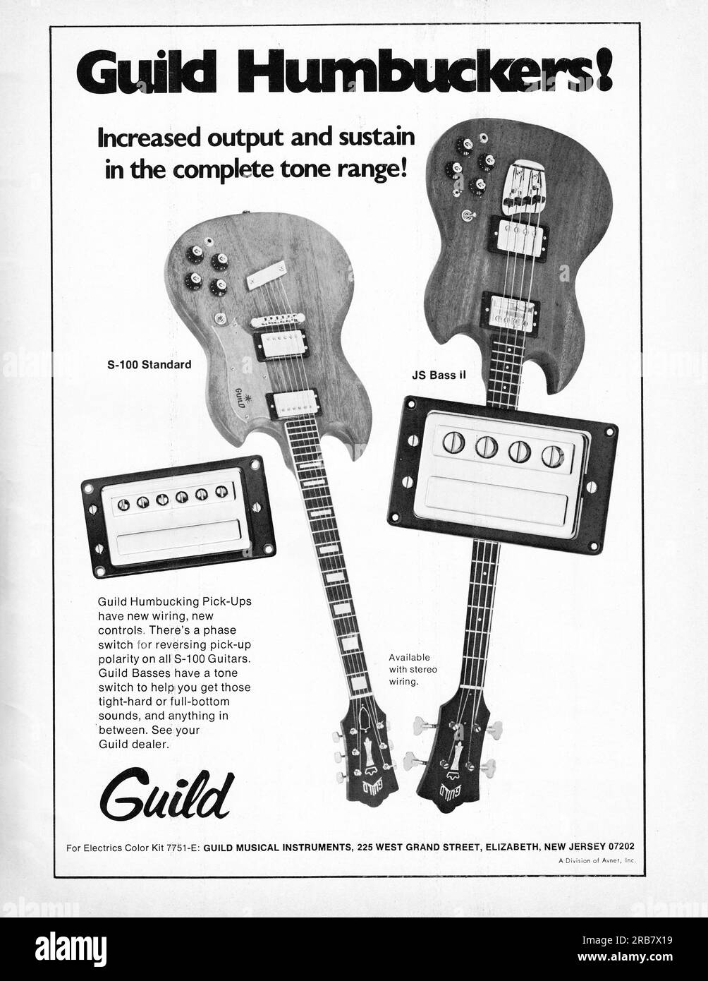 Une publicité de Guild louant les caractéristiques de leurs pick-ups Humbucking sur leurs guitares anfgbass à 6 cordes. D'un magazine de musique du milieu des années 1960. Banque D'Images