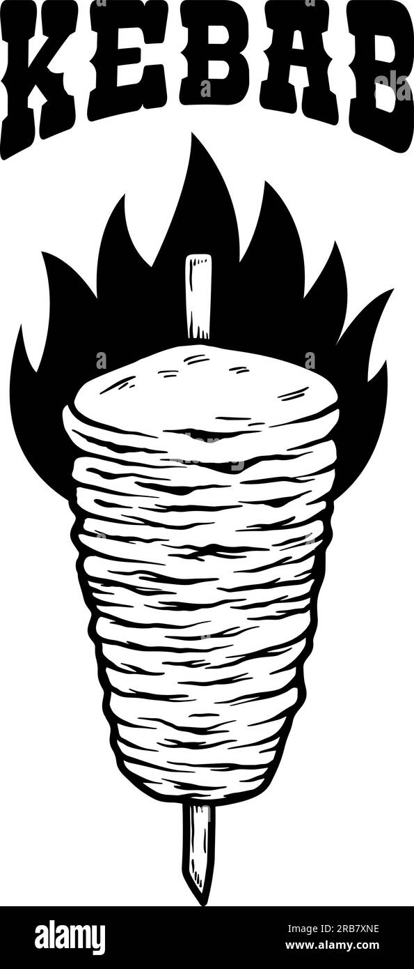 Illustration en noir et blanc dessinée à la main d'un kebab. Parfait pour les menus, la marque de restaurant et les designs liés à la nourriture Illustration de Vecteur