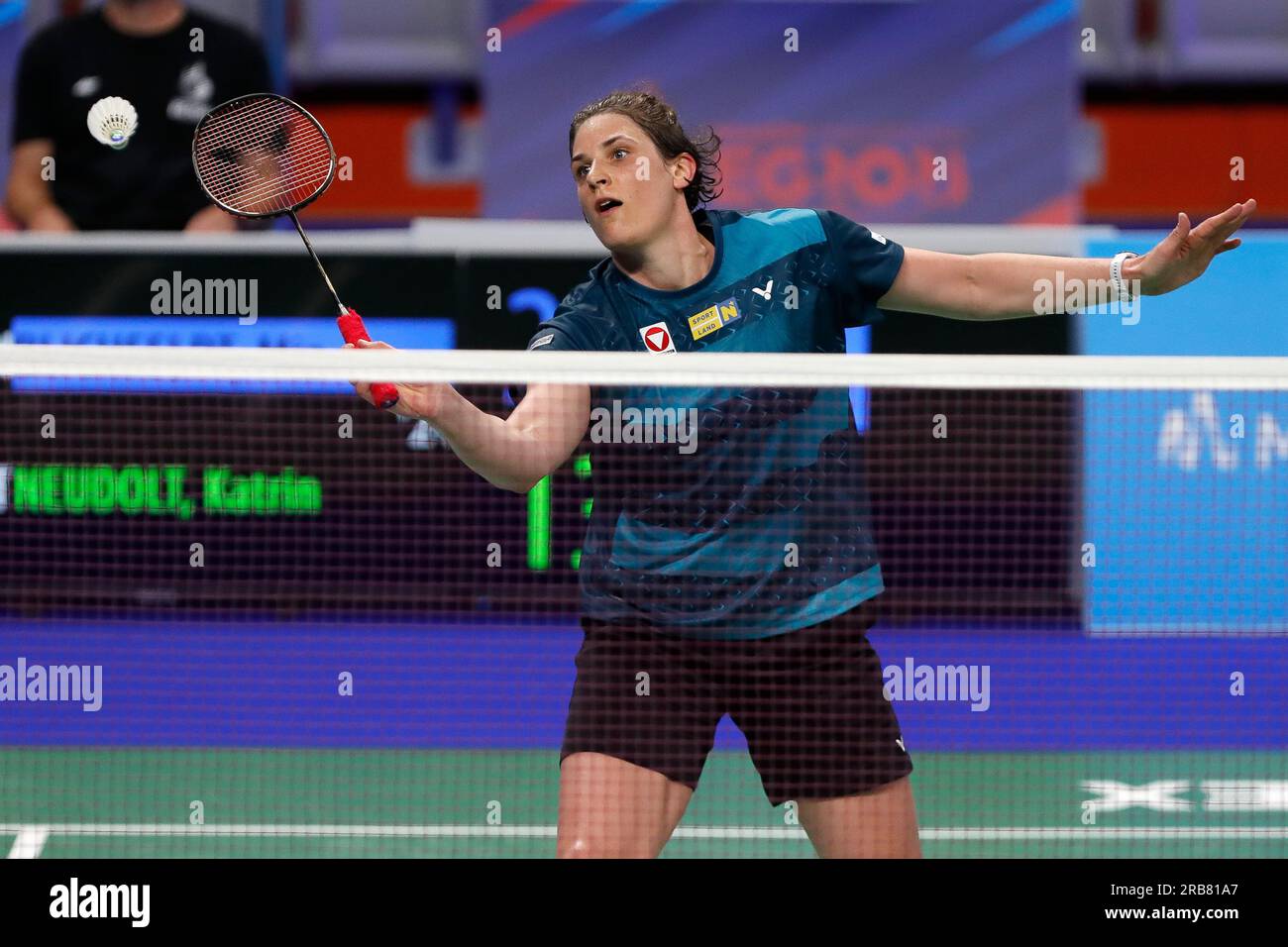 Tarnow, Slovénie. 26 juin 2023 : Katrin Neudolt, de l'Autriche, participe au Badminton - match en solo féminin pendant les Jeux Européens - jour 7 à la Jaskolka Arena de Tarnow, en Pologne. 26 juin 2023. (Photo de Nikola Krstic/Alamy) Banque D'Images