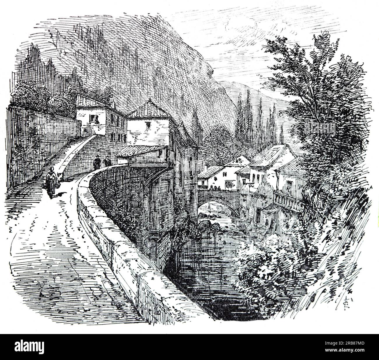 Une illustration du début du 19e siècle de la rivière Ourse qui traverse Mauléon-Barousse dans le département des Hautes-Pyrénées dans le sud-ouest de la France. Banque D'Images